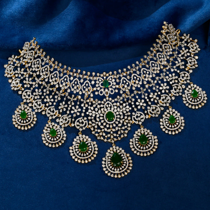 Full view of premium 92.5 silver cz emerald choker with intricate detailing and pearl drops by Sri Fine Jewellery, Hyderabad
(https://srifinejewellery.com)