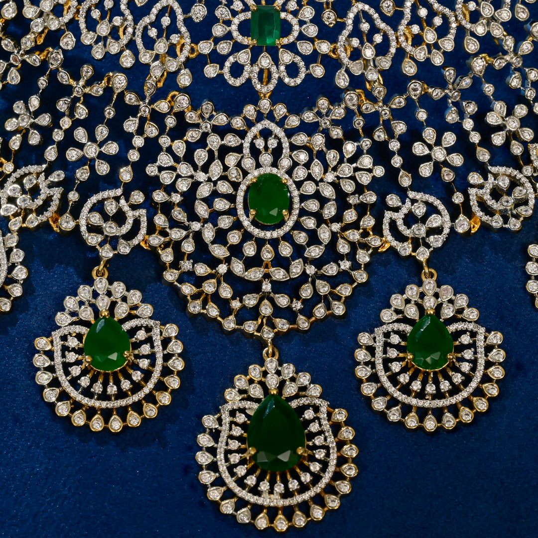 Front close-up view of premium 92.5 silver cz emerald choker with intricate detailing and pearl drops by Sri Fine Jewellery,Hyderabad
(https://srifinejewellery.com)