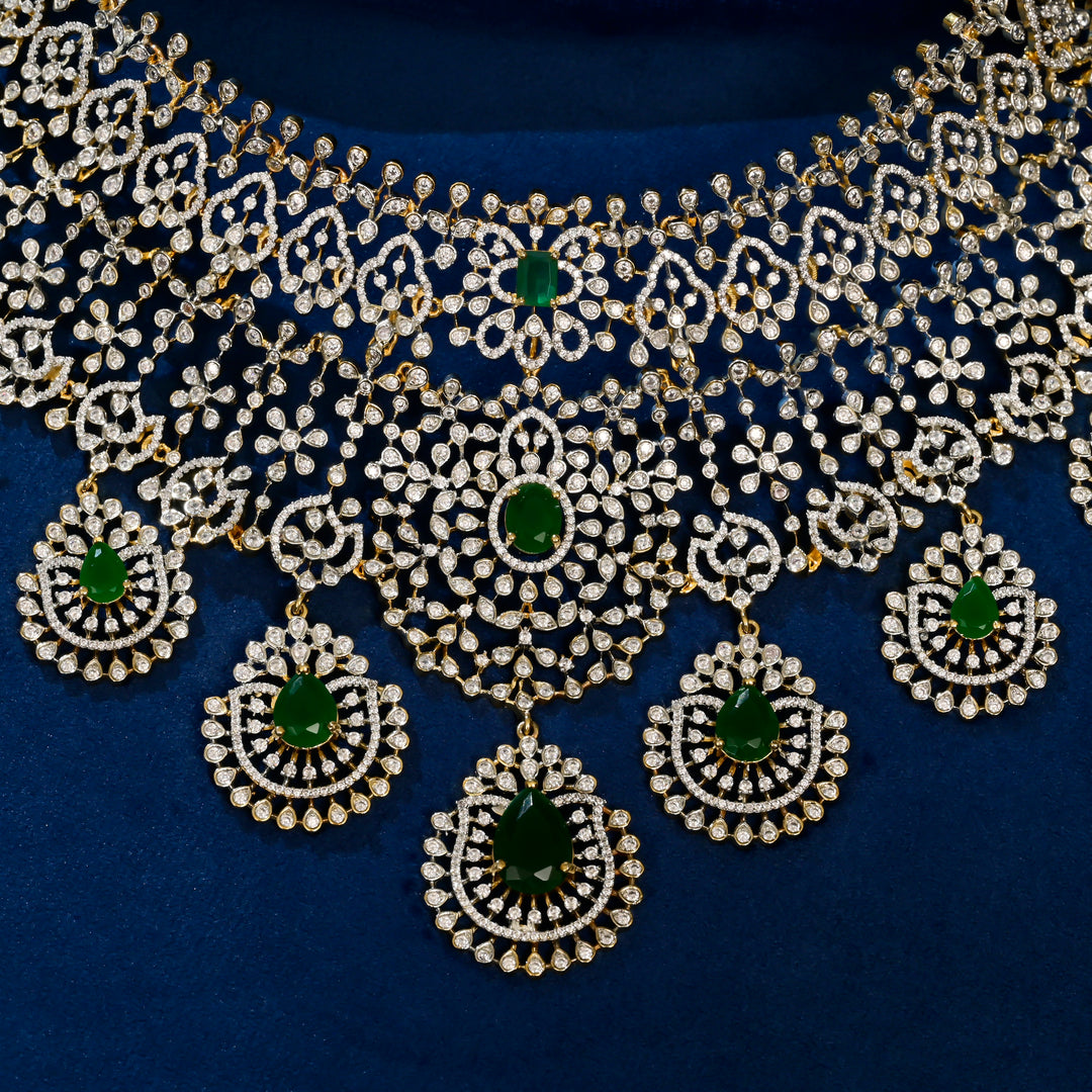 Front close-up view of premium 92.5 silver cz emerald choker with intricate detailing by Sri Fine Jewellery, Hyderabad (https://srifinejewellery.com)