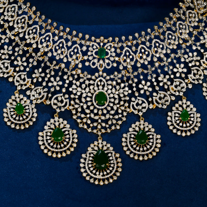 Front close-up view of premium 92.5 silver cz emerald choker with intricate detailing by Sri Fine Jewellery, Hyderabad (https://srifinejewellery.com)
