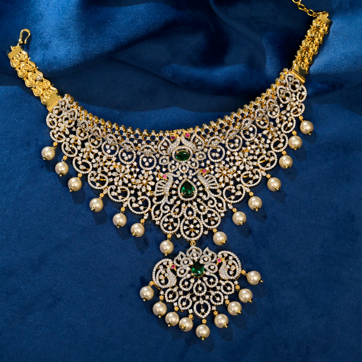 Full view of premium 92.5 silver cz emerald choker with intricate detailing and pearl drops by Sri Fine Jewellery, Hyderabad
(https://srifinejewellery.com)