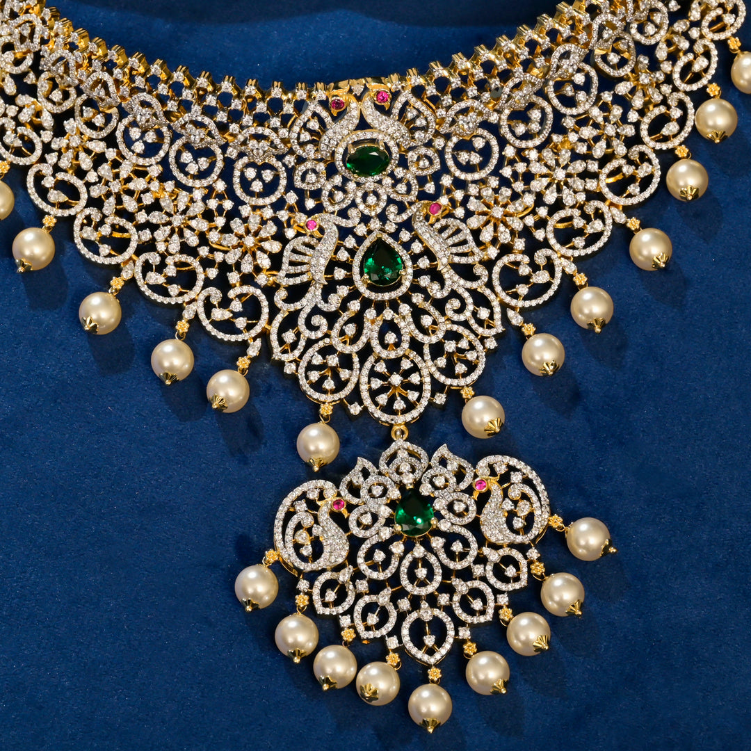 Front close-up view of premium 92.5 silver cz emerald choker with intricate detailing and pearl drops by Sri Fine Jewellery, Hyderabad
(https://srifinejewellery.com)