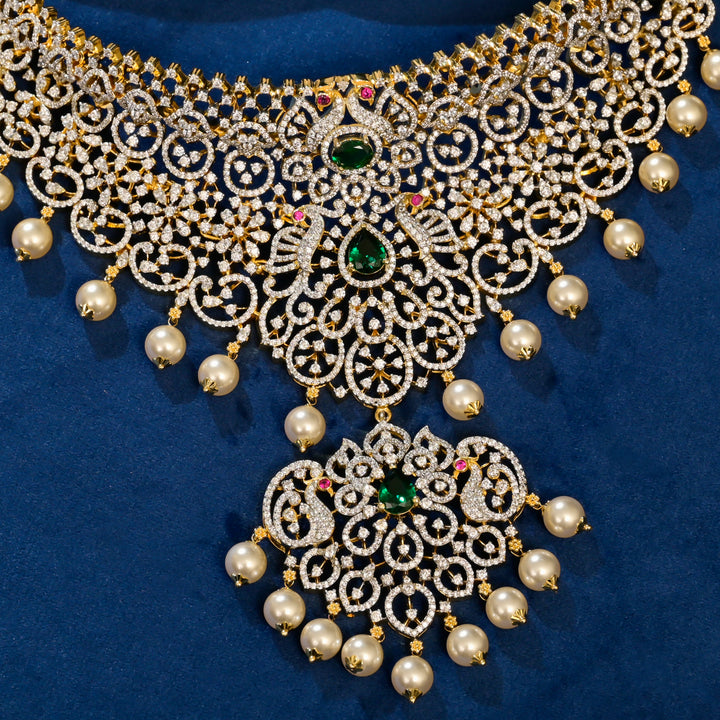 Front close-up view of premium 92.5 silver cz emerald choker with intricate detailing and pearl drops by Sri Fine Jewellery, Hyderabad
(https://srifinejewellery.com)