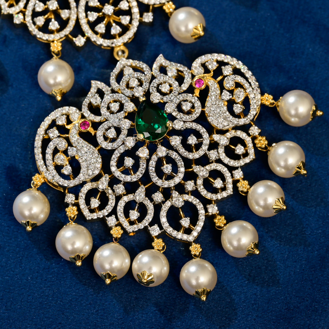Front close-up view of premium 92.5 silver cz emerald choker with intricate detailing and pearl drops by Sri Fine Jewellery,Hyderabad
(https://srifinejewellery.com)