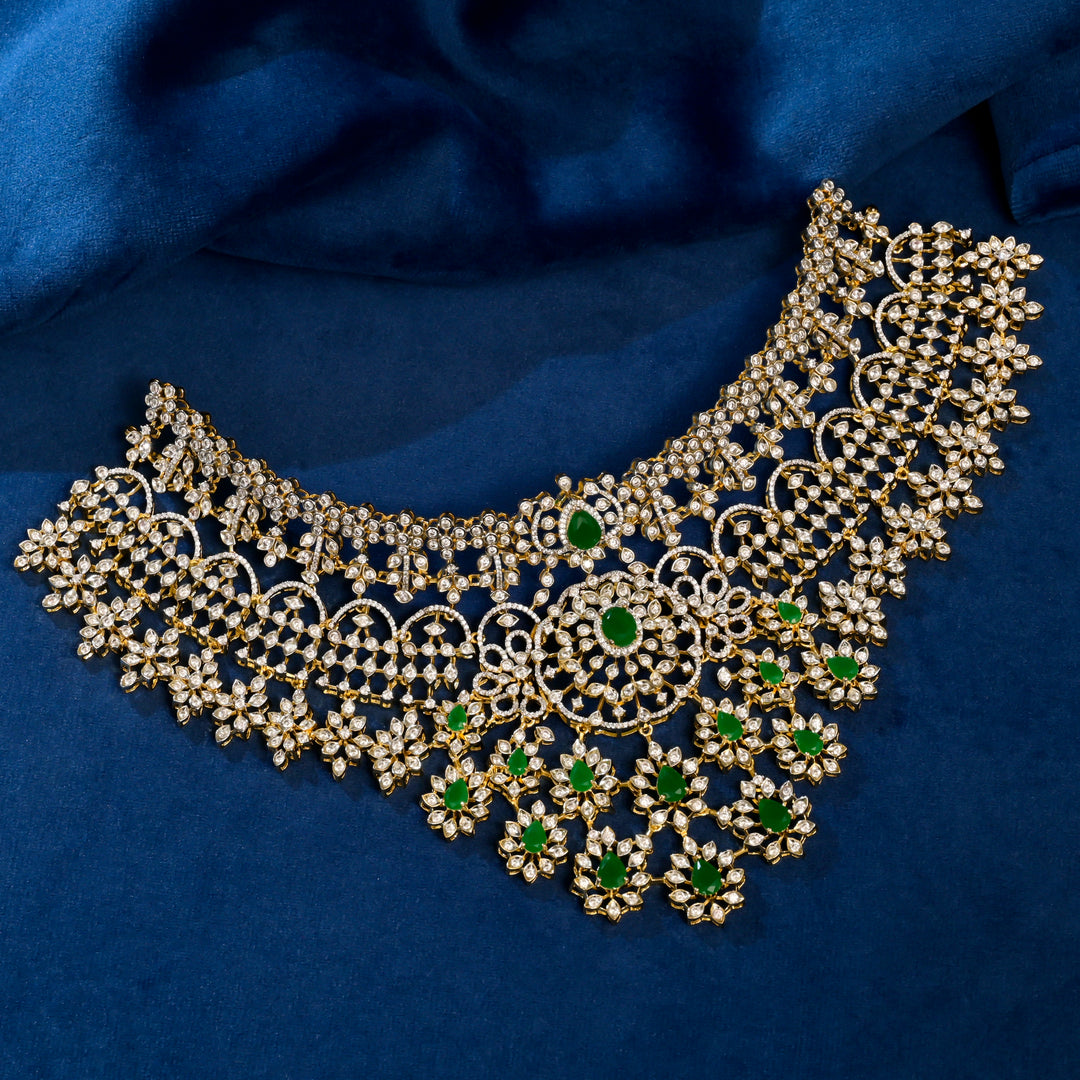 Full view of premium 92.5 silver cz emerald choker with intricate detailing and pearl drops by Sri Fine Jewellery, Hyderabad (https://srifinejewellery.com)