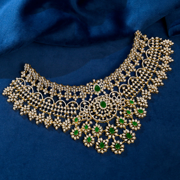 Full view of premium 92.5 silver cz emerald choker with intricate detailing and pearl drops by Sri Fine Jewellery, Hyderabad (https://srifinejewellery.com)