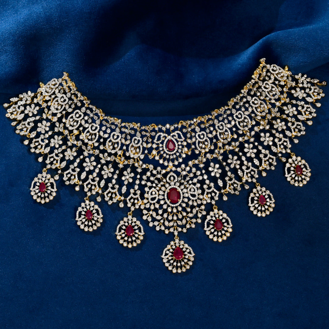 Full view of premium 92.5 silver cz ruby choker with intricate detailing by Sri Fine Jewellery, Hyderabad (https://srifinejewellery.com)
