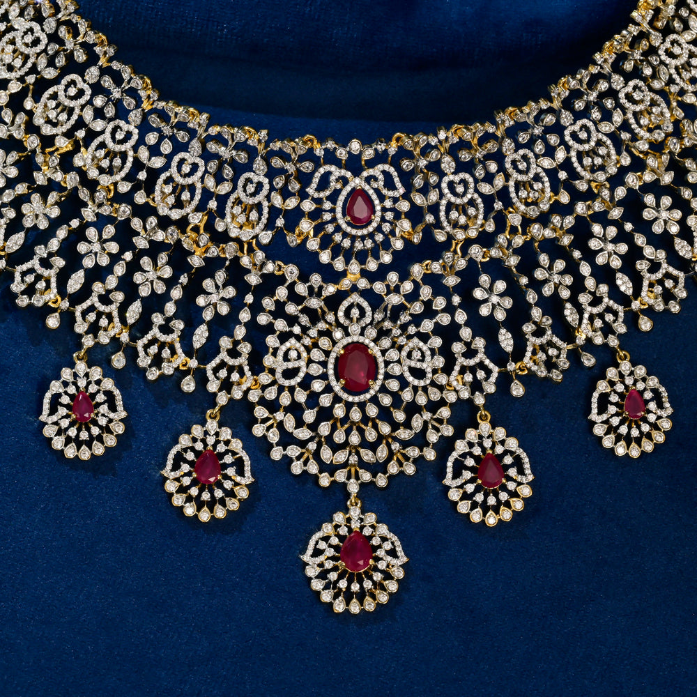 Front close-up view of premium 92.5 silver cz ruby choker with intricate detailing by Sri Fine Jewellery, Hyderabad
(https://srifinejewellery.com)