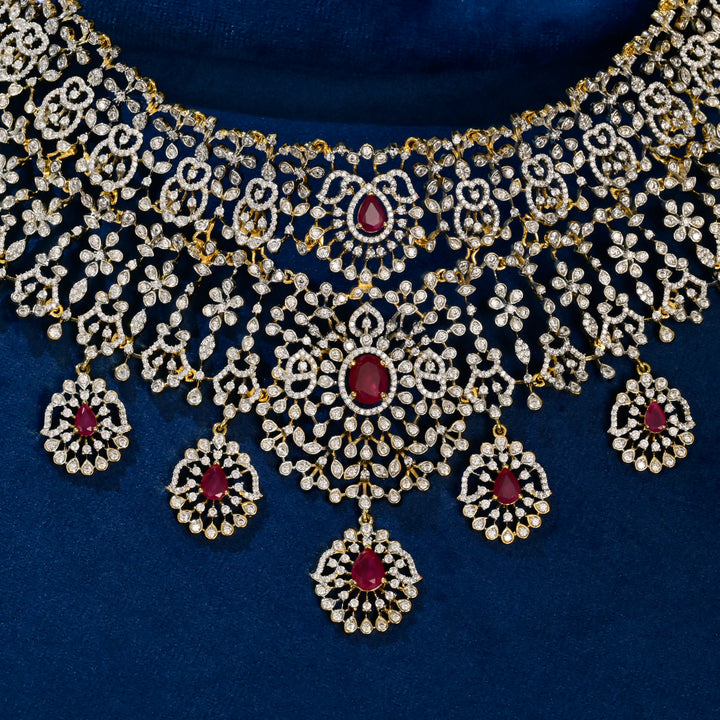 Front close-up view of premium 92.5 silver cz ruby choker with intricate detailing by Sri Fine Jewellery, Hyderabad
(https://srifinejewellery.com)