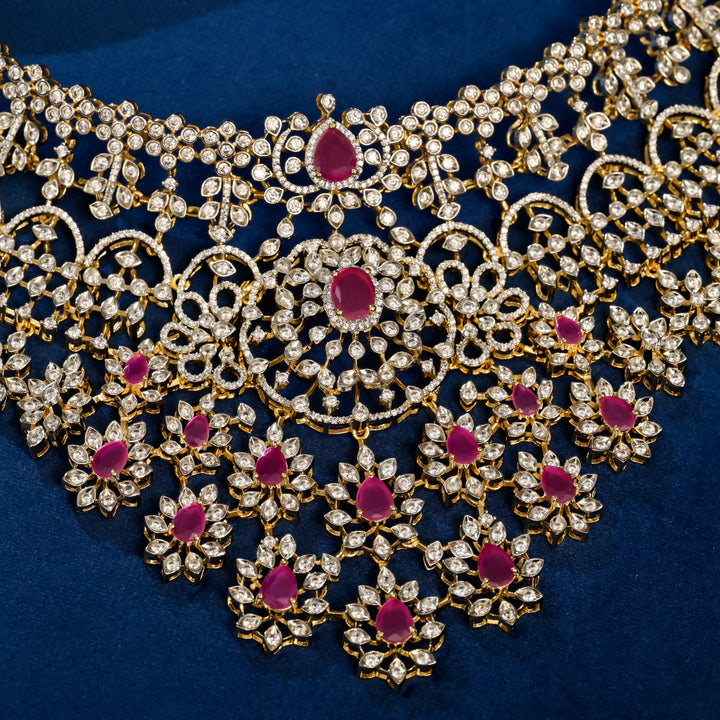 Front close-up view of premium 92.5 silver cz ruby choker with intricate detailing by Sri Fine Jewellery, Hyderabad
(https://srifinejewellery.com)