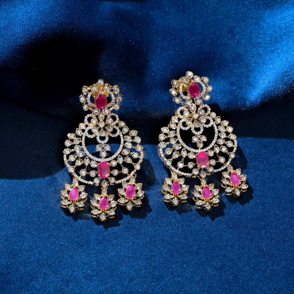 Full view of premium 92.5 silver cz ruby earrings with intricate detailing by Sri Fine Jewellery, Hyderabad (https://srifinejewellery.com)