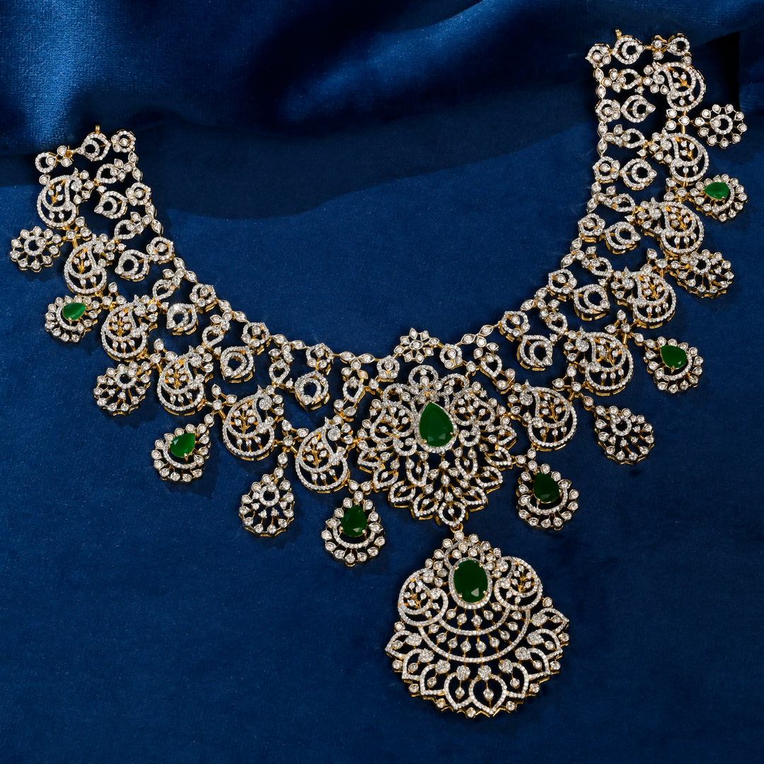 Full view of premium 92.5 silver cz emerald choker with intricate detailing  by Sri Fine Jewellery, Hyderabad(https://srifinejewellery.com)