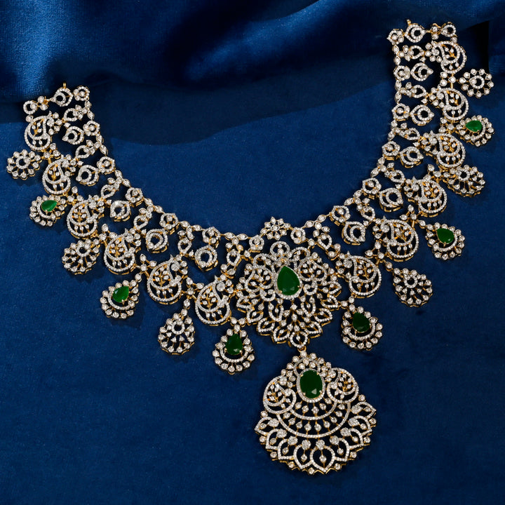 Full view of premium 92.5 silver cz emerald choker with intricate detailing  by Sri Fine Jewellery, Hyderabad(https://srifinejewellery.com)
