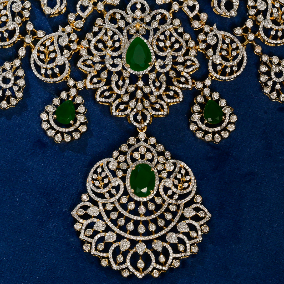 Front close-up view of premium 92.5 silver cz emerald choker with intricate detailing by Sri Fine Jewellery, Hyderabad (https://srifinejewellery.com)