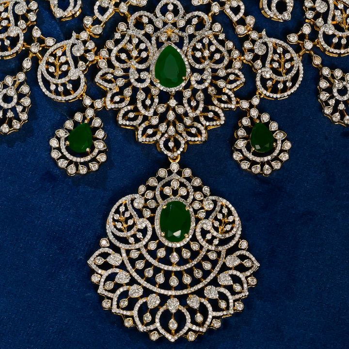 Front close-up view of premium 92.5 silver cz emerald choker with intricate detailing by Sri Fine Jewellery, Hyderabad (https://srifinejewellery.com)