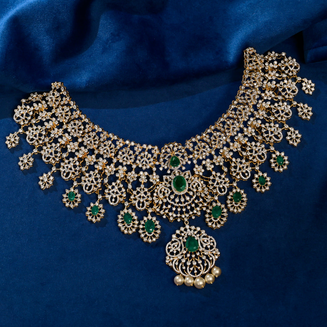 Full view of premium 92.5 silver cz emerald choker with intricate detailing and pearl drops by Sri Fine Jewellery, Hyderabad (https://srifinejewellery.com)