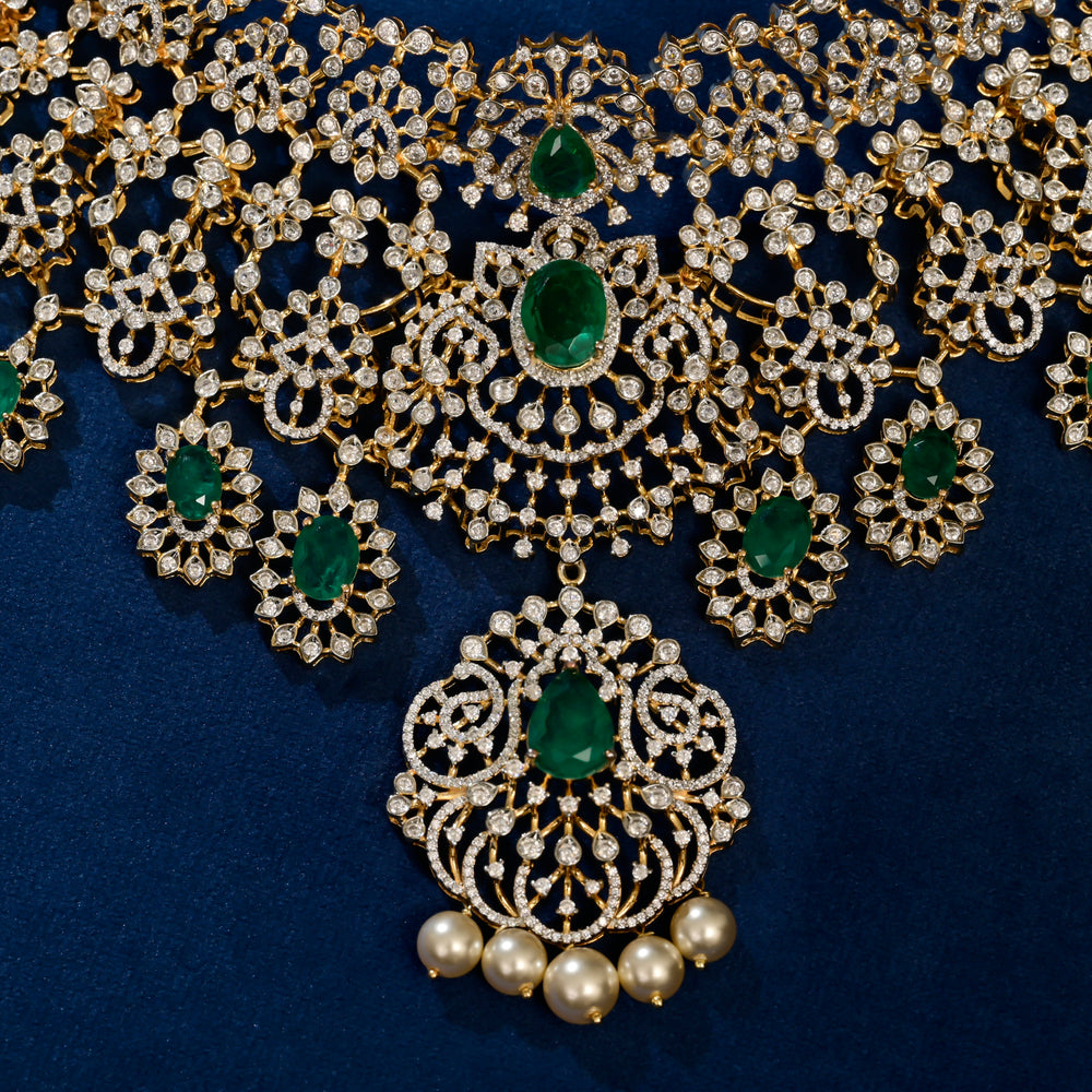 Front close-up view of premium 92.5 silver cz emerald choker with intricate detailing and pearl drops by Sri Fine Jewellery, Hyderabad (https://srifinejewellery.com)