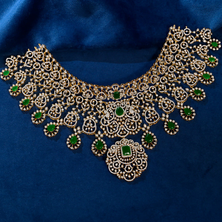 Front view of premium 92.5 silver cz emerald choker with intricate detailing by Sri Fine Jewellery, Hyderabad (https://srifinejewellery.com)