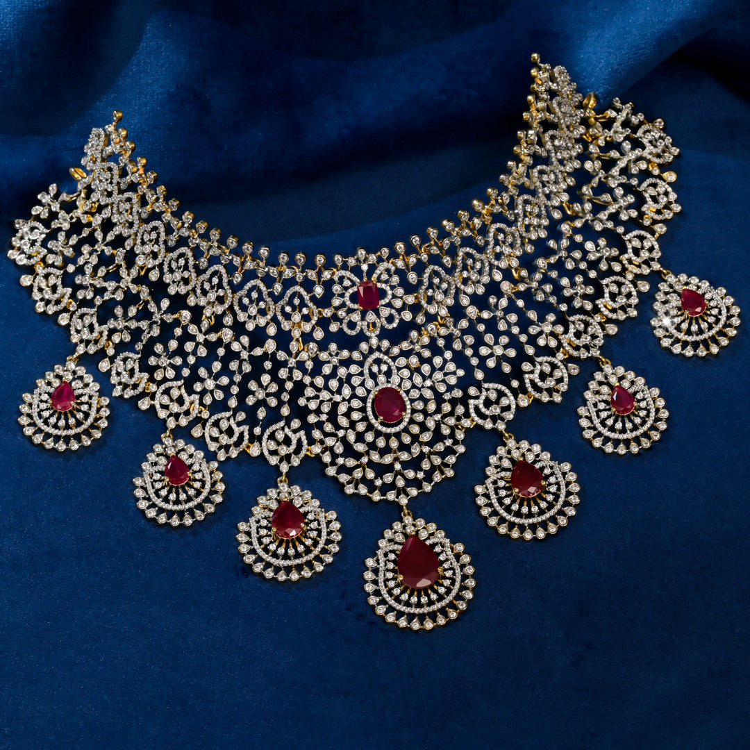 Front view of premium 92.5 silver cz ruby choker with intricate detailing  by Sri Fine Jewellery, Hyderabad (https://srifinejewellery.com)