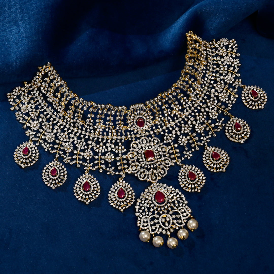 Premium 92.5 silver cz choker with ruby stone detailing placed on royal blue velvet background by Sri Fine Jewellery, Hyderabad