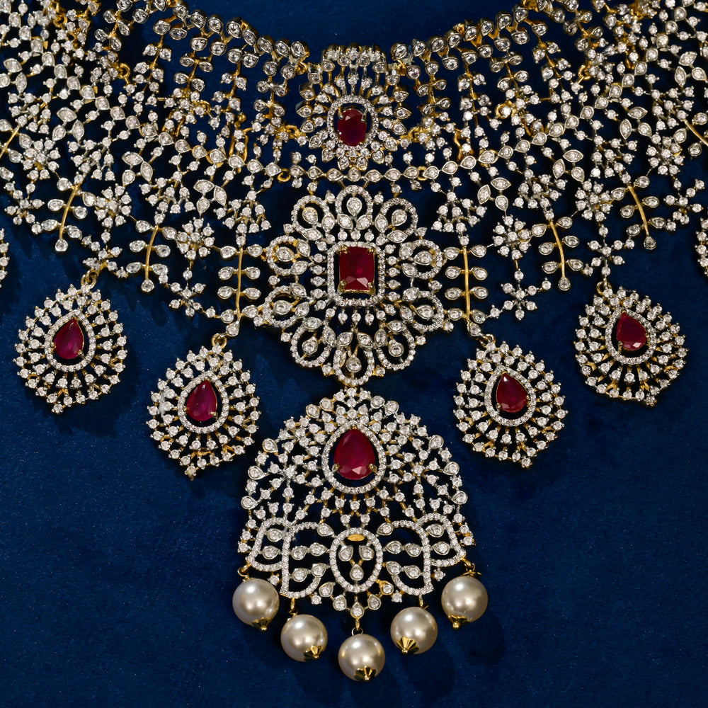 Front close-up view of premium 92.5 silver cz ruby choker with intricate detailing and pearl drops by [Sri Fine Jewellery](https://srifinejewellery.com?utm_source=chatgpt.com)
