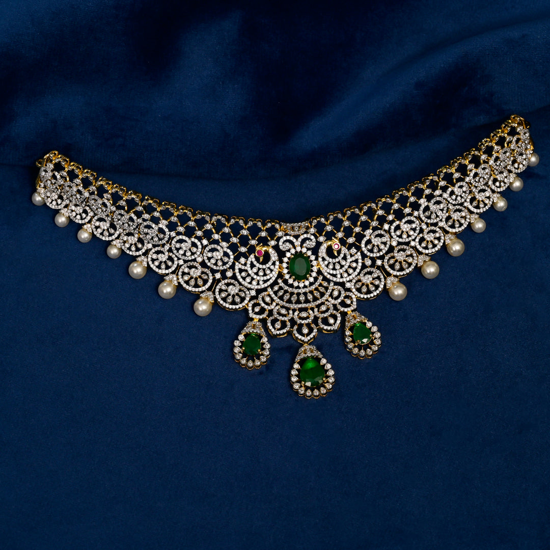 Full view of premium 92.5 silver  cz emerald choker with intricate detailing and pearl drops by Sri Fine Jewellery, Hyderabd(https://srifinejewellery.com)