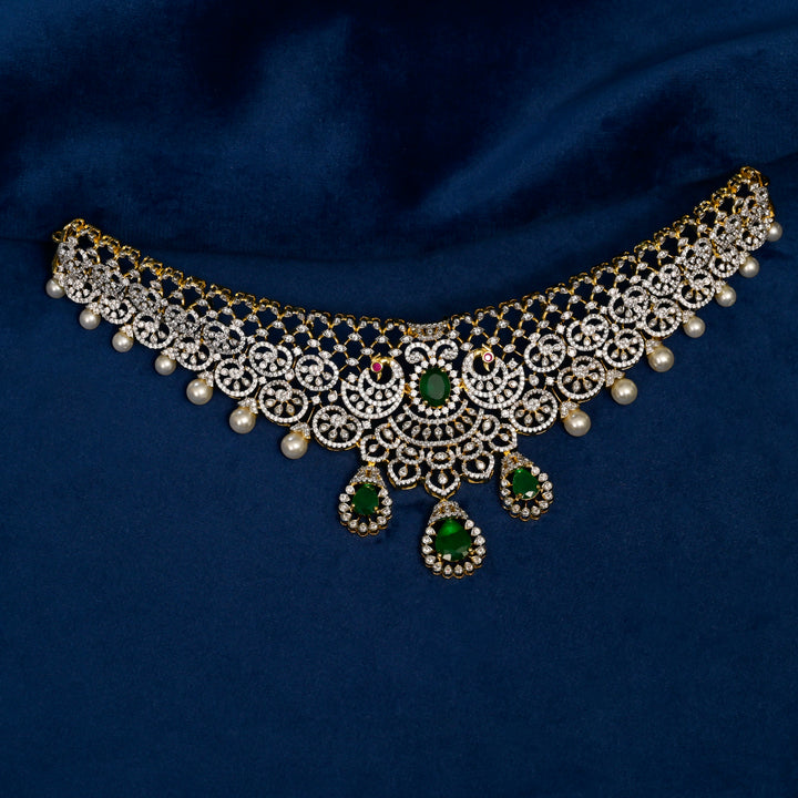 Full view of premium 92.5 silver  cz emerald choker with intricate detailing and pearl drops by Sri Fine Jewellery, Hyderabd(https://srifinejewellery.com)