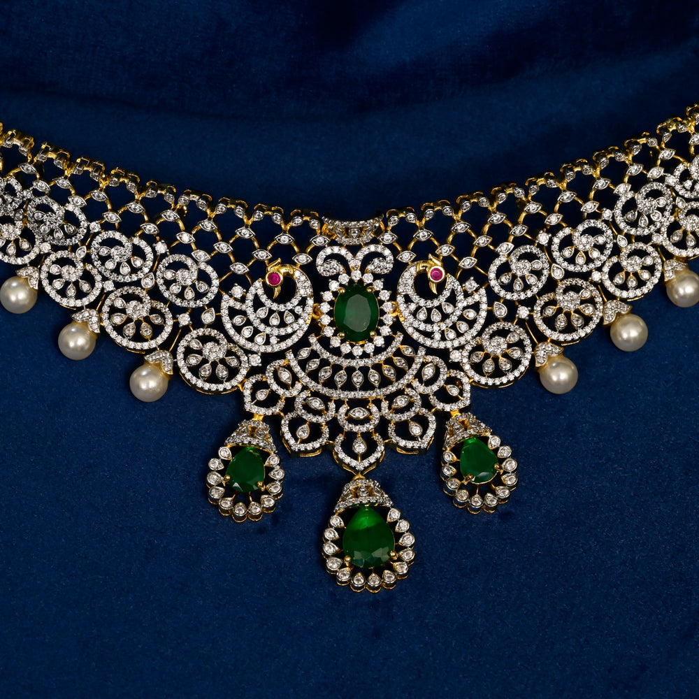 Front close-up view of premium 92.5 silver cz emerald choker with peacock design detailing and pearl drops by Sri Fine Jewellery, Hyderabd(https://srifinejewellery.com)