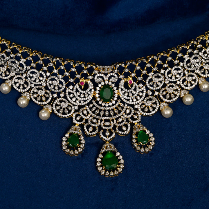 Front close-up view of premium 92.5 silver cz emerald choker with peacock design detailing and pearl drops by Sri Fine Jewellery, Hyderabd(https://srifinejewellery.com)