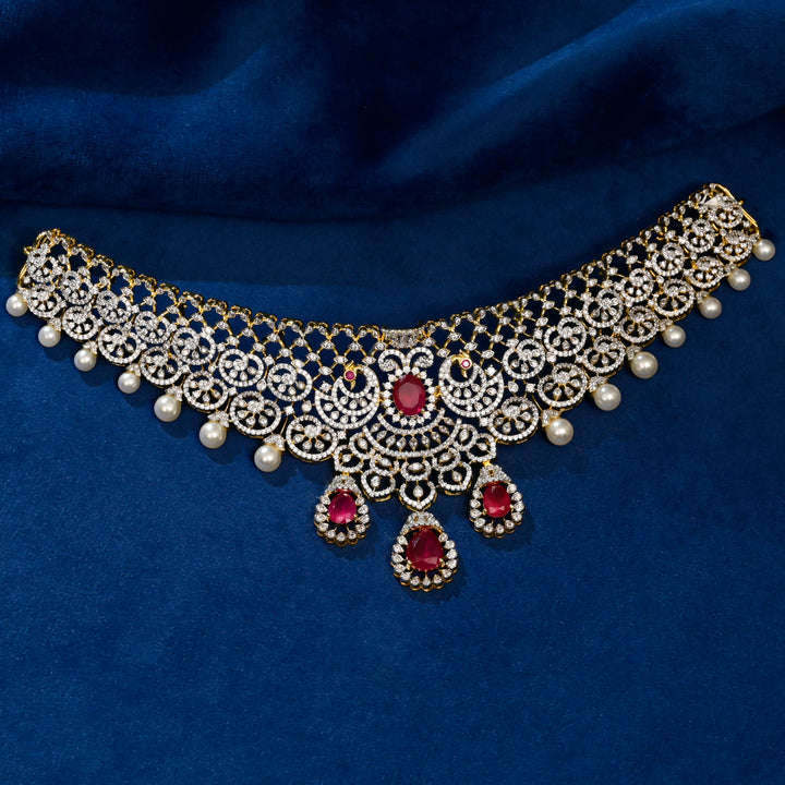 Full view of premium 92.5 silver cz ruby choker with intricate detailing and pearl drops by Sri Fine Jewellery, Hyderabd(https://srifinejewellery.com)