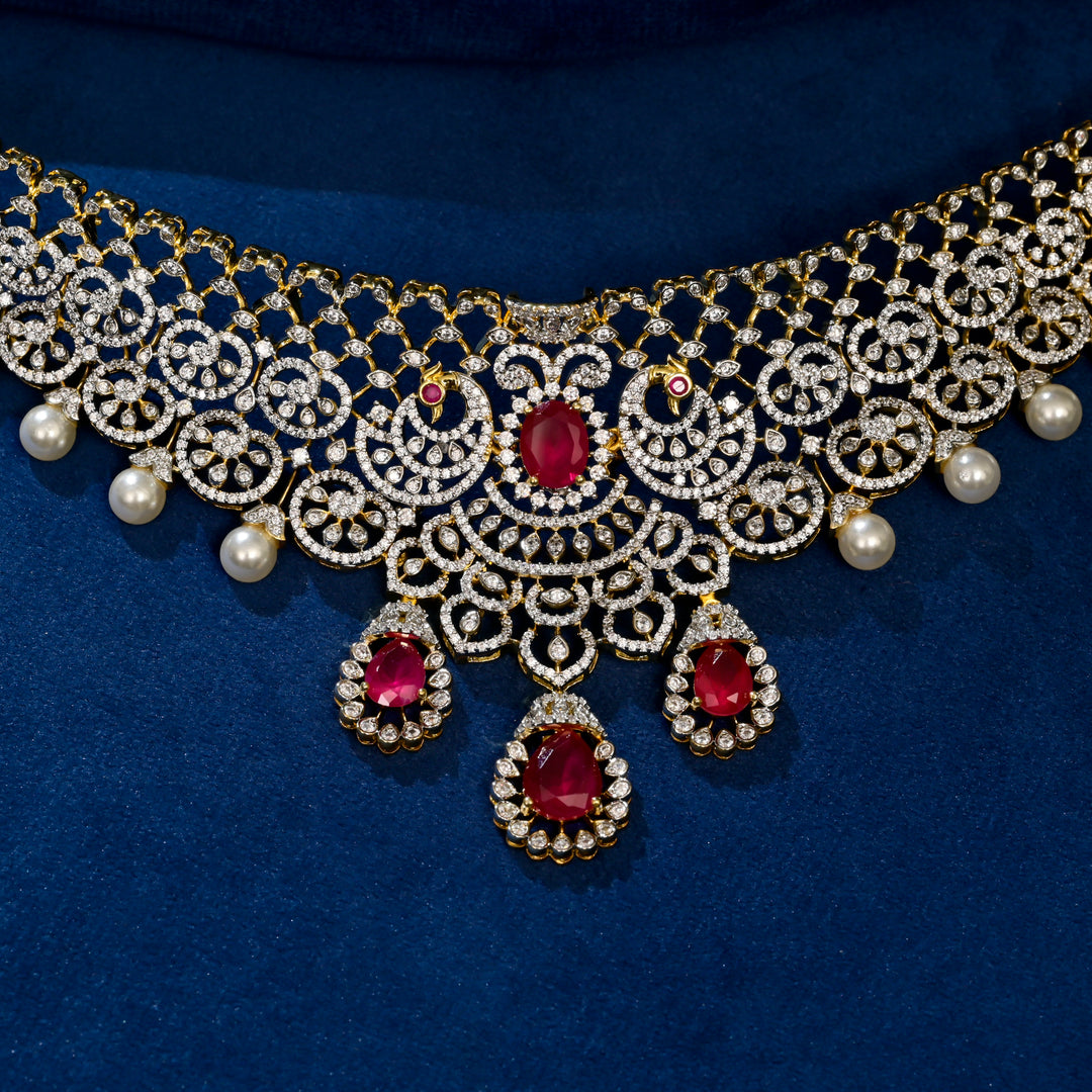 Front close-up view of premium 92.5 silver cz ruby choker with intricate detailing and pearl drops by Sri Fine Jewellery, Hyderabd(https://srifinejewellery.com)