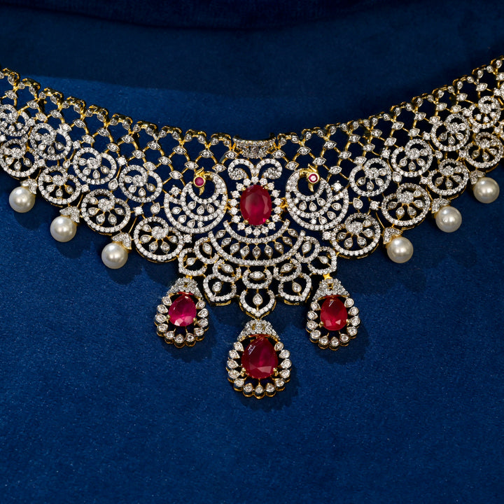Front close-up view of premium 92.5 silver cz ruby choker with intricate detailing and pearl drops by Sri Fine Jewellery, Hyderabd(https://srifinejewellery.com)