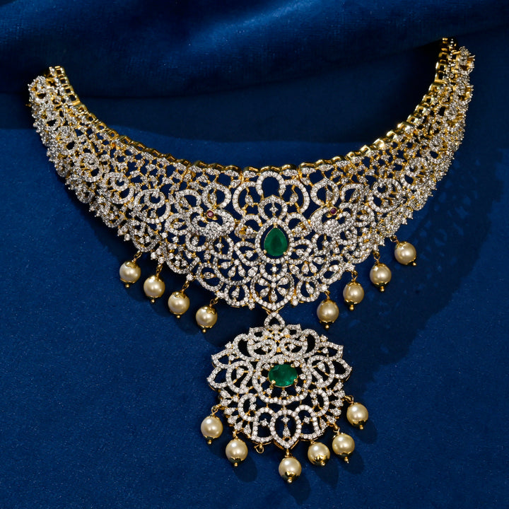 Full view of premium 92.5 silver cz emerald choker with intricate detailing and pearl drops by Sri Fine Jewellery, Hyderabd(https://srifinejewellery.com)
