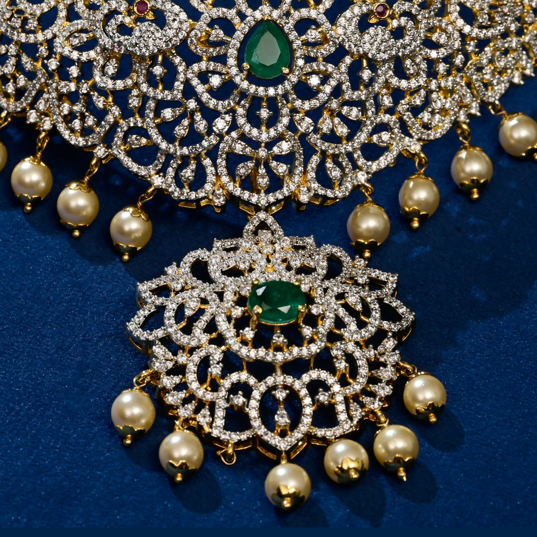 Front close-up view of premium 92.5 silver  cz emerald choker with intricate detailing and pearl drops by Sri Fine Jewellery, Hyderabd(https://srifinejewellery.com)