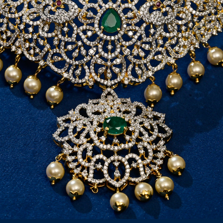Front close-up view of premium 92.5 silver  cz emerald choker with intricate detailing and pearl drops by Sri Fine Jewellery, Hyderabd(https://srifinejewellery.com)