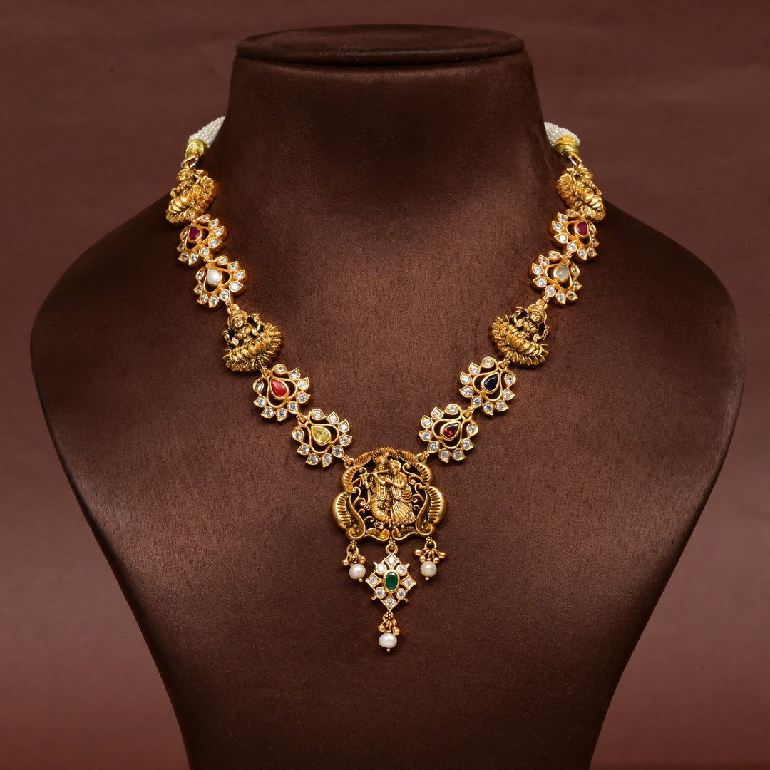 Traditional 92.5 silver temple cz navarathna necklace with Lakshmi, Radhakrishna motif , multcolour  stone detailing, and intricate heritage craftsmanship by Sri Fine Jewellery Hyderabad