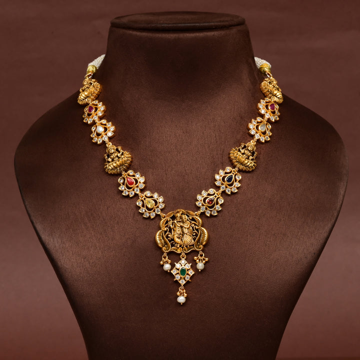 Traditional 92.5 silver temple cz navarathna necklace with Lakshmi, Radhakrishna motif , multcolour  stone detailing, and intricate heritage craftsmanship by Sri Fine Jewellery Hyderabad