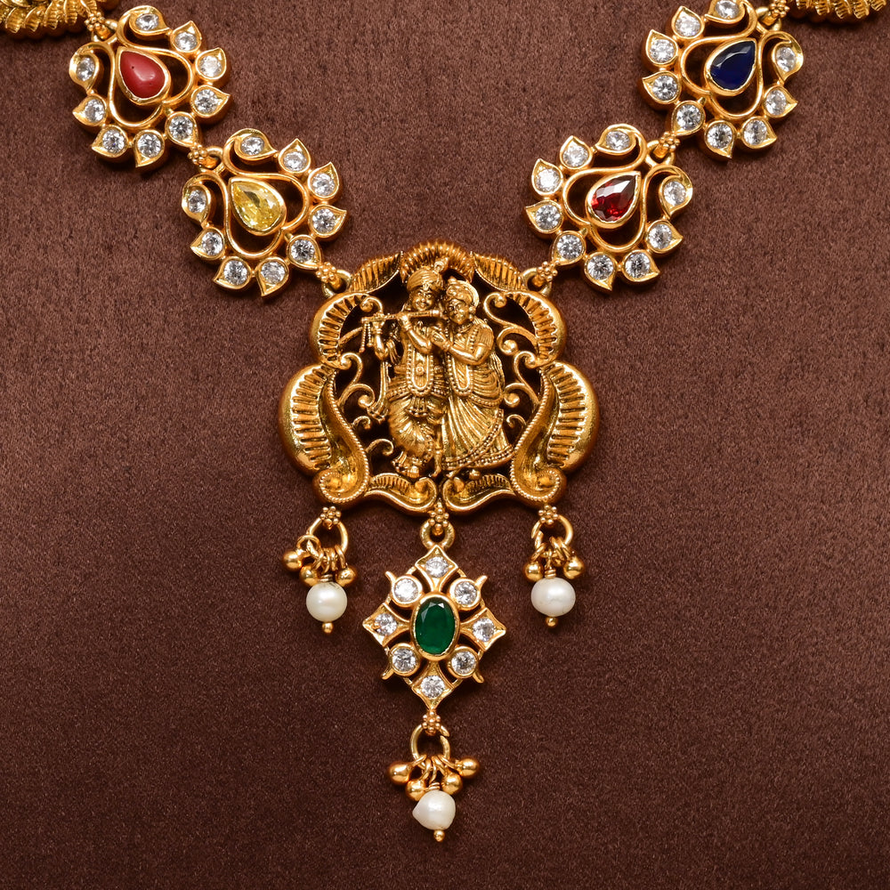 Traditional 92.5 silver temple cz navarathna necklace with Lakshmi, Radhakrishna motif , multcolour  stone detailing, and intricate heritage craftsmanship by Sri Fine Jewellery Hyderabad