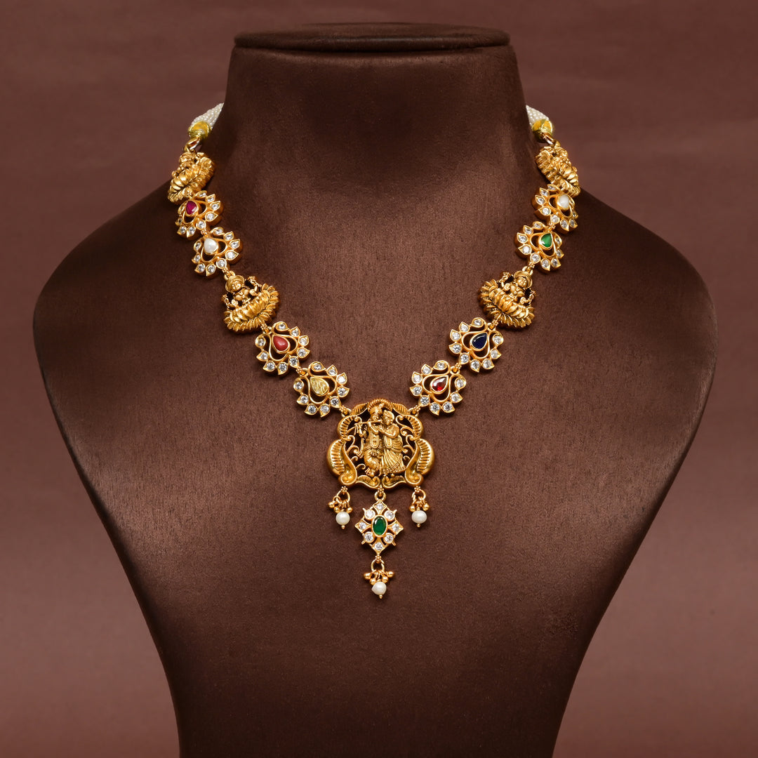 Traditional 92.5 silver temple cz navarathna necklace with Lakshmi, Radhakrishna motif , multcolour  stone detailing, and intricate heritage craftsmanship by Sri Fine Jewellery Hyderabad
