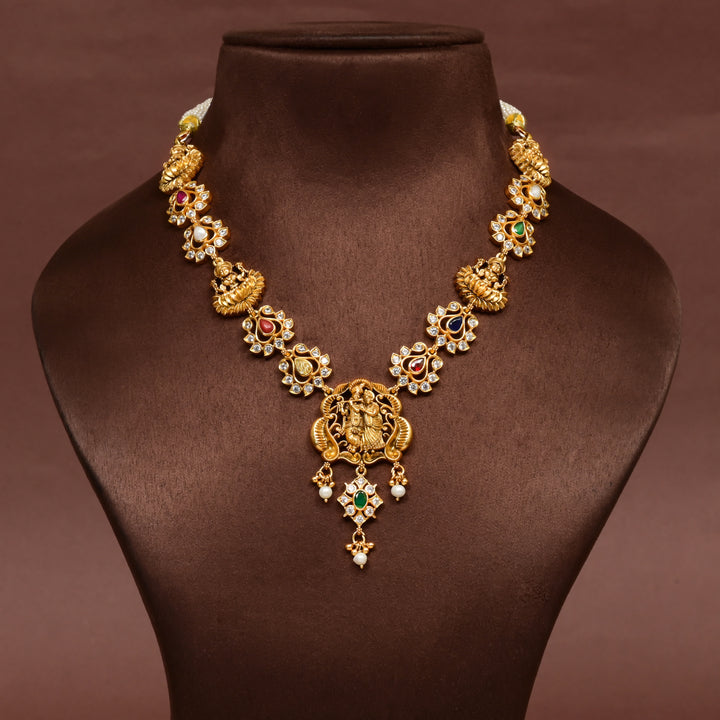 Traditional 92.5 silver temple cz navarathna necklace with Lakshmi, Radhakrishna motif , multcolour  stone detailing, and intricate heritage craftsmanship by Sri Fine Jewellery Hyderabad