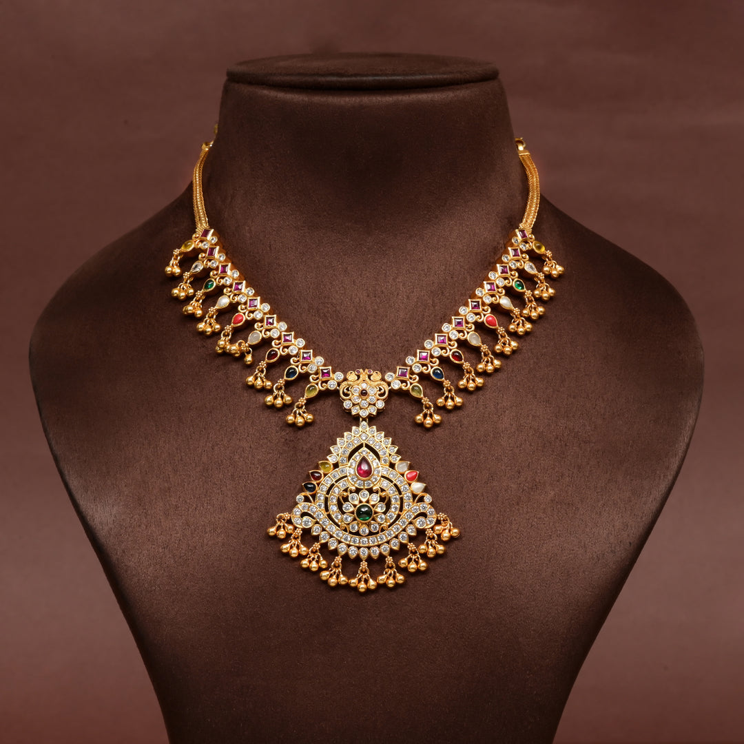 Traditional 92.5 silver temple cz navarathna necklace with multcolour  stone detailing, and intricate heritage craftsmanship by Sri Fine Jewellery Hyderabad