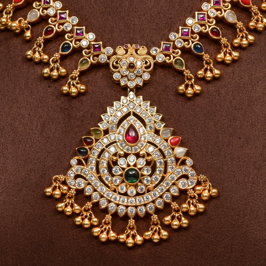 Close-up of traditional 92.5 silver temple cz navarathna necklace with multcolour  stone detailing, and intricate heritage craftsmanship by Sri Fine Jewellery Hyderabad