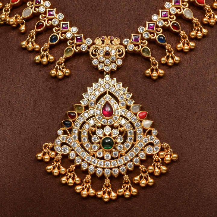 Close-up of traditional 92.5 silver temple cz navarathna necklace with multcolour  stone detailing, and intricate heritage craftsmanship by Sri Fine Jewellery Hyderabad