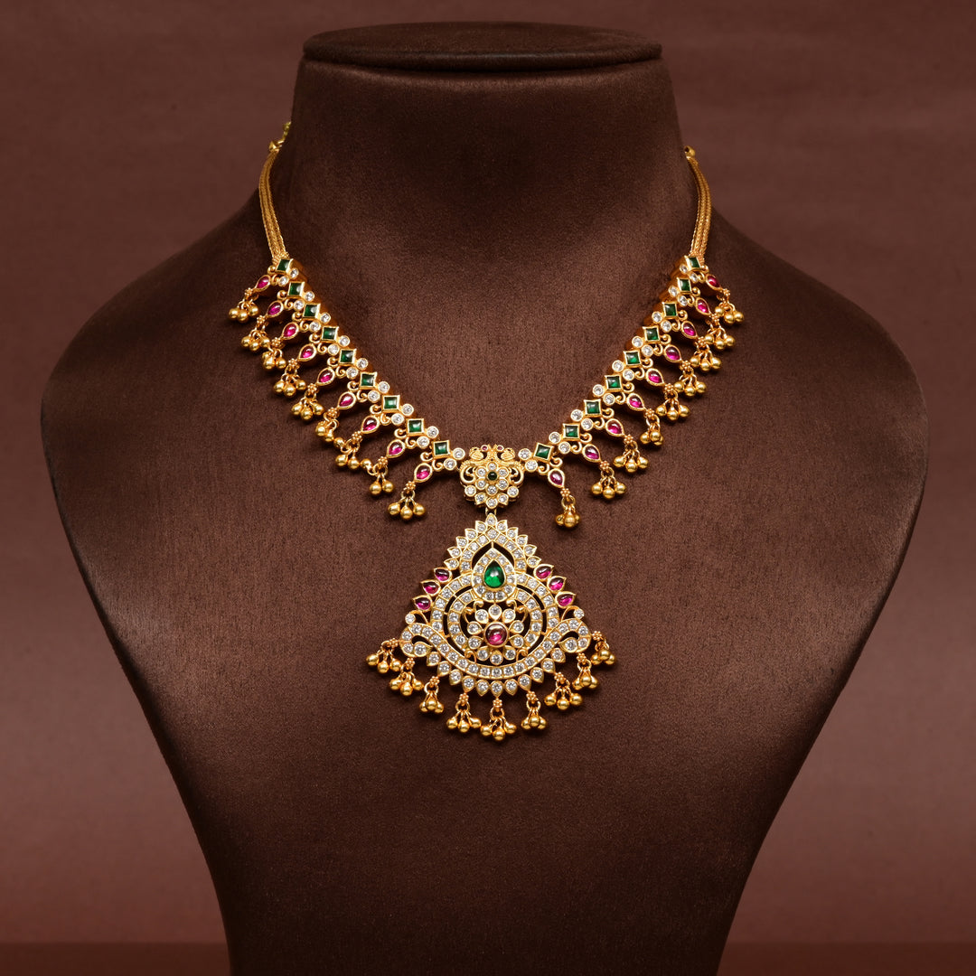 Traditional 92.5 silver temple cz necklace with ruby and emerald stone detailing, and intricate heritage craftsmanship by Sri Fine Jewellery Hyderabad (https://srifinejewellery.com)