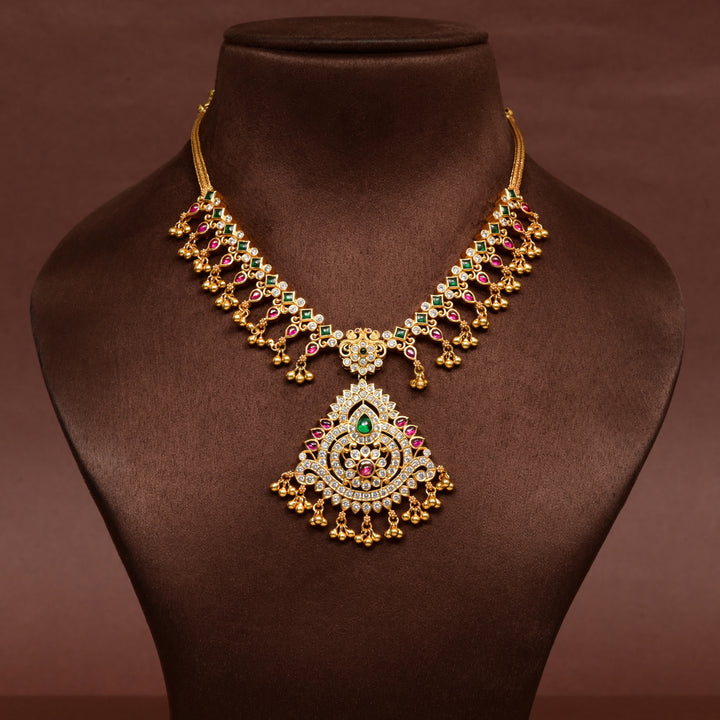 Traditional 92.5 silver temple cz necklace with ruby and emerald stone detailing, and intricate heritage craftsmanship by Sri Fine Jewellery Hyderabad (https://srifinejewellery.com)