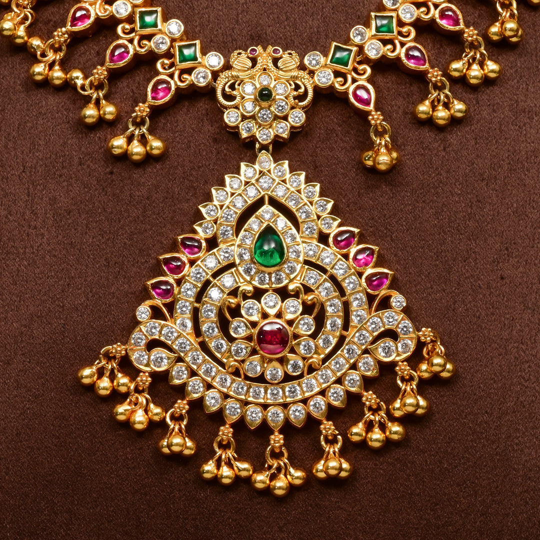 Close-up of traditional 92.5 silver temple cz necklace with ruby and emerald stone detailing, and intricate heritage craftsmanship by Sri Fine Jewellery Hyderabad