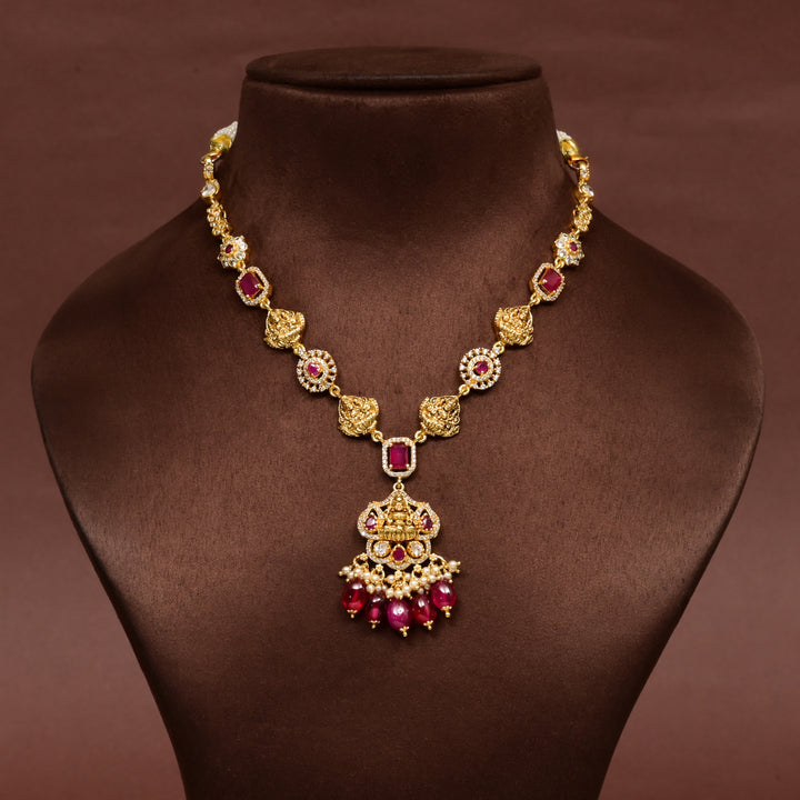 Traditional 92.5 silver temple necklace with Lakshmi motifs, ruby stone detailing, and intricate heritage craftsmanship by Sri Fine Jewellery Hyderabad (https://srifinejewellery.com)