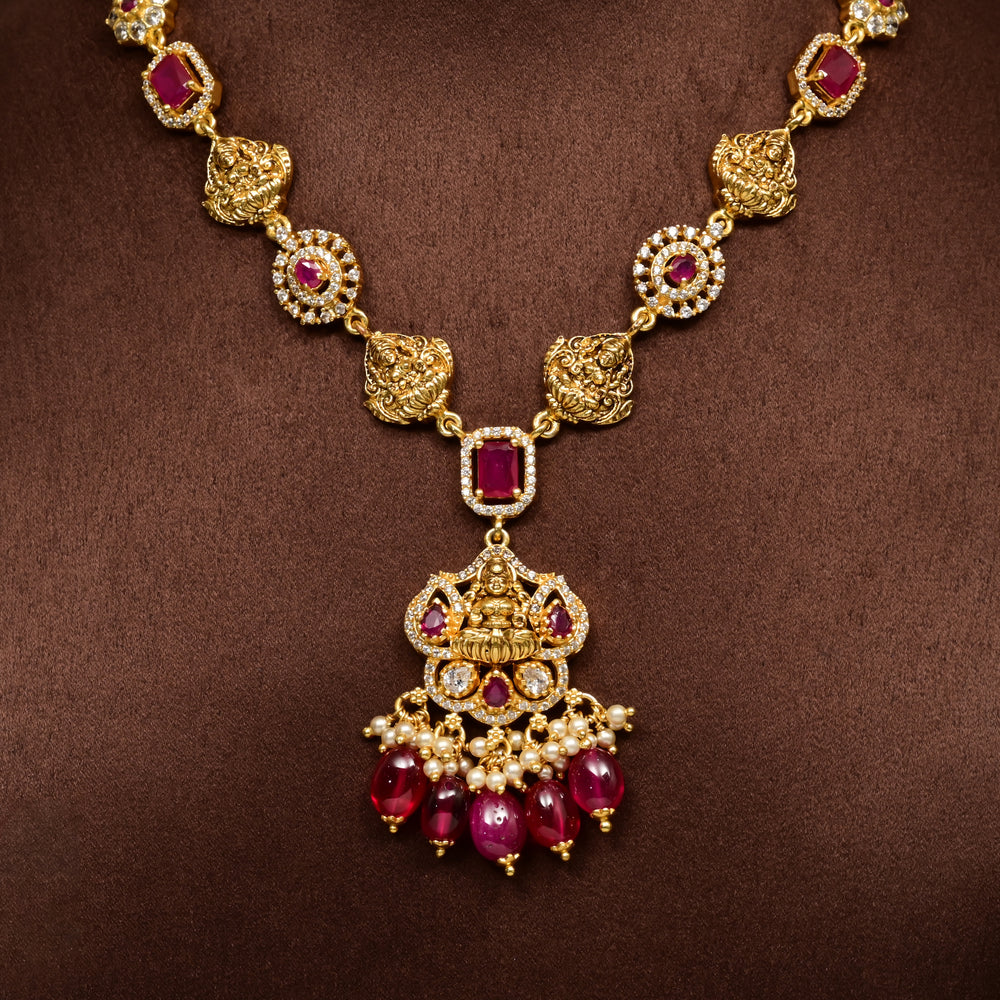 Traditional 92.5 silver temple necklace with Lakshmi motifs, ruby stone detailing, and intricate heritage craftsmanship by Sri Fine Jewellery Hyderabad (https://srifinejewellery.com)
