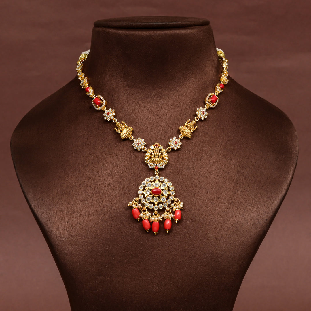 Traditional 92.5 silver temple necklace with Lakshmi motifs, cz stone detailing, and intricate heritage craftsmanship by Sri Fine Jewellery Hyderabad (https://srifinejewellery.com)
