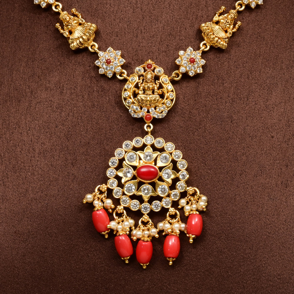 Traditional 92.5 silver temple necklace with Lakshmi motifs, CZ stone detailing, and intricate heritage craftsmanship by Sri Fine Jewellery Hyderabad (https://srifinejewellery.com)